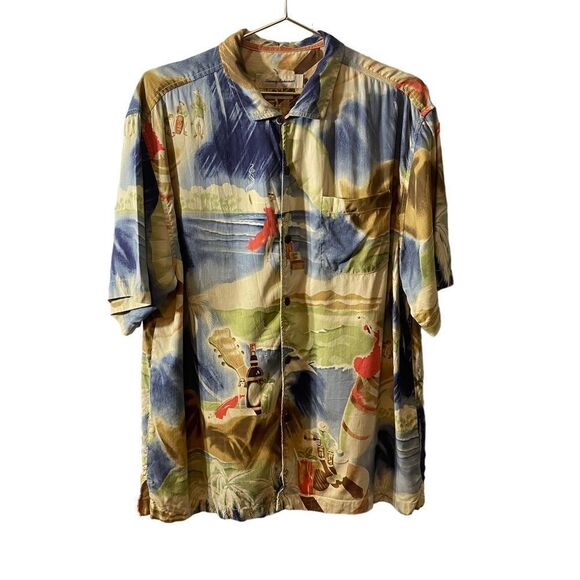 Tommy Bahama Other - Tommy Bahama Silk Button-Down Tropical Guiter Palm Trees Shirt Cigar Run L